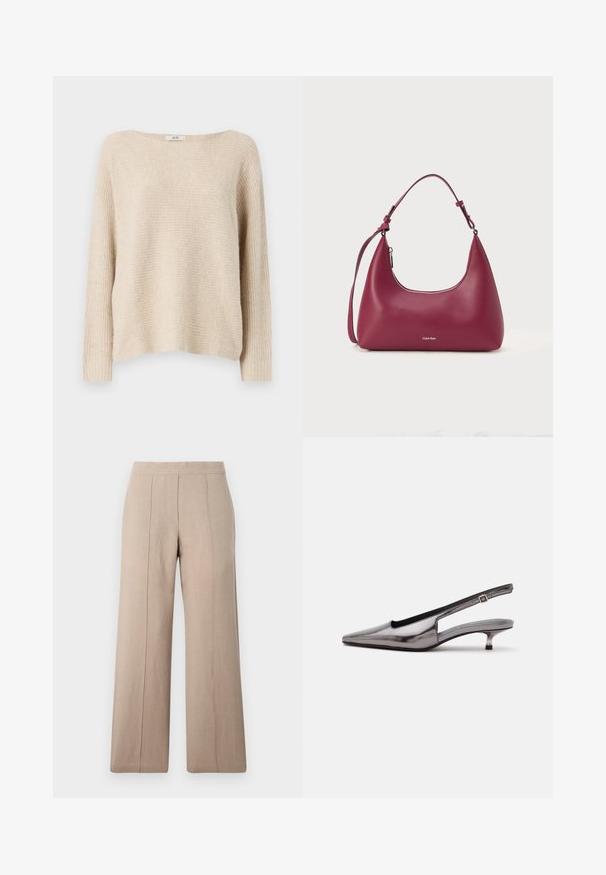 Pull en tricot beige avec une coupe ample, un col bateau large et des poignets côtelés. Texture douce avec un léger motif horizontal sur l'ensemble.; Pantalons larges beige en tissu léger, avec des plis à l'avant, une ceinture lisse et une coupe droite aux ourlets nets.; Chaussure slingback gris métallique à bout pointu, petit talon kitten et bride réglable sur fond blanc.; Sac à main en cuir bordeaux avec une forme arrondie, une seule bandoulière réglable et une fermeture éclair. Présente un logo argenté à l'avant. Texture lisse.