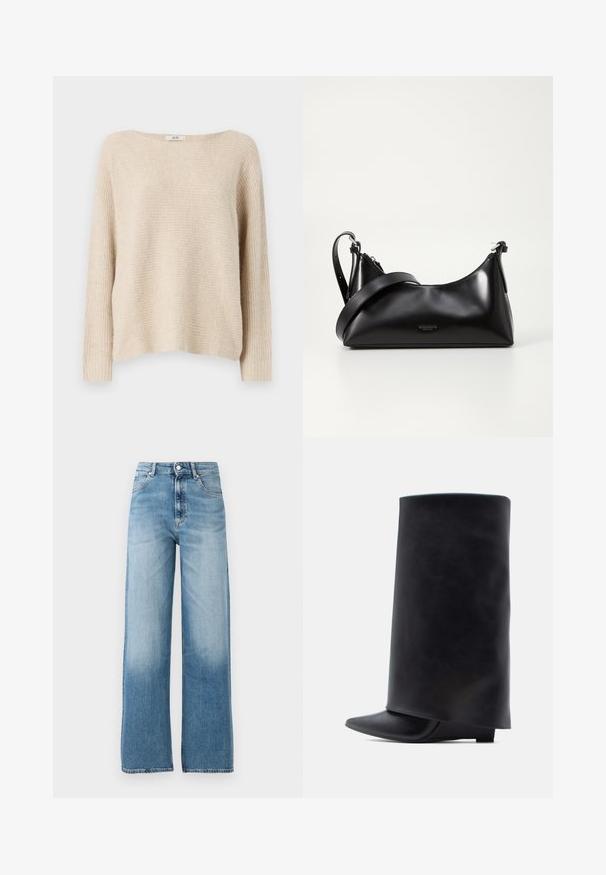Beige gebreide trui met een losse pasvorm, brede botte halslijn en ribgebreide manchetten. Zachte textuur met een subtiel horizontaal patroon overal.; Lichtblauwe, wijde jeans met een hoge taille. Gemaakt van denim, met een knoopsluiting en vijf zakken. Vervaagt naar de bodem toe.; Zwarte leren enkellaarzen met een hoge cilindervormige schacht, puntige neus en lage platte hak, met een gladde textuur en minimalistisch ontwerp.; Zwarte leren handtas met een gladde textuur. Beschikt over een verstelbare schouderband en een strak, minimalistisch ontwerp met een ritssluiting.