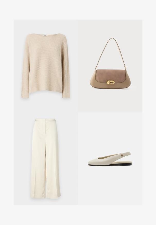 Beige gestrickter Pullover mit lockerer Passform, weitem Bootsausschnitt und gerippten Bündchen. Weiche Textur mit einem dezenten horizontalen Muster.; Weite Hosen in Creme, aus glattem Stoff gefertigt. Verfügt über einen flachen Frontbund, Falten entlang der Beine und eine legere Passform.; cremefarbiger Lederslingback-Flachschuh mit rundem Zehenbereich und kleinem goldfarbenem Emblem am Riemen.; Tragetasche aus beigem und braunem Leder mit weichem Wildlederklappe, einem goldfarbenen ovalen Verschluss und einem einzelnen Schulterriemen. Insgesamt glatte Textur.