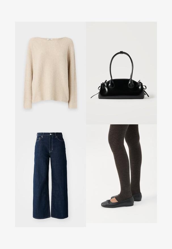 Pull en tricot beige avec une coupe ample, un col bateau large et des poignets côtelés. Texture douce avec un léger motif horizontal sur l'ensemble.; Jeans en denim bleu foncé à jambes larges avec des coutures contrastées, un design à cinq poches et une fermeture à bouton à la taille.; Jambes portant des leggings côtelés foncés associés à des ballerines noires avec de petits détails en nœud sur fond blanc.; Petit sac à main noir brillant avec deux longues anses et des détails à cordon sur les côtés sur un fond clair uni.