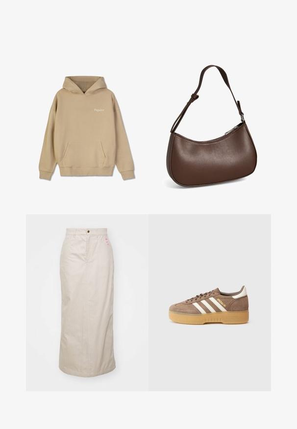 Beige kapuutsiga dressipluus, millel on ees kangaroo-tasku ja soonikkoesed. Rinnal on valge "Pegador" logo. Üksluine tekstuur.; Bež triibuline seelik kõrgema vöökohaga, peidetud tõmblukk ja metallist nööbiga kinnitamine. Esiosas on väike kaubamärgiga silt.; Pruun sametjalanõu kolme valge triibu, kuldse brändingu ja tekstuurse kummipõhjaga. Ümar nina ja pehmendatud kaelus mugavuse tagamiseks.; Väike pruunist nahast õlakott reguleeritava rihma ja tõmblukuga, näidatud valgel taustal. Nähtavat kaubamärki ega kaunistusi pole.