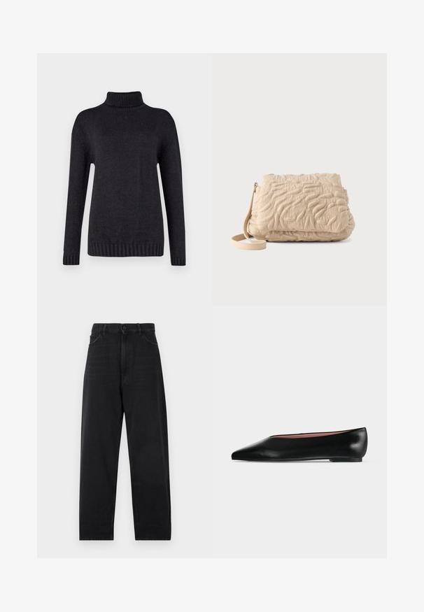 Mørkegrå turtleneck sweater lavet af et struktureret strikkemateriale, der har lange ærmer samt ribbede manchetter og kant.; Sorte denimjeans med høj talje, lige ben-design, knaplukning og klassisk fem-lomme stil. Glat tekstur med diskret syning.; Sort damesko i læder med flad hæl og spids tå, vist fra siden på en ensfarvet lys grå baggrund.; Beige quiltet skuldertaske med uregelmæssige syningsmønstre og en aftagelig rem, vist på en lys baggrund.