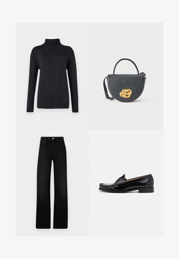 Mørkegrå turtleneck sweater lavet af et struktureret strikkemateriale, der har lange ærmer samt ribbede manchetter og kant.; Sorte brede ben jeans lavet af denim. Har en høj talje, to forlommer og metalknaplukning. Struktureret overflade med minimal blege.; Sorte læder moccasin sko med en skinnende finish, der har frynsedetaljer langs fronten og en lav stabelhælk.; Sort læderhåndtaske med en rund form, et håndtag øverst og en aftagelig rem. Har en fremtrædende guldfarvet knude som detalje foran.