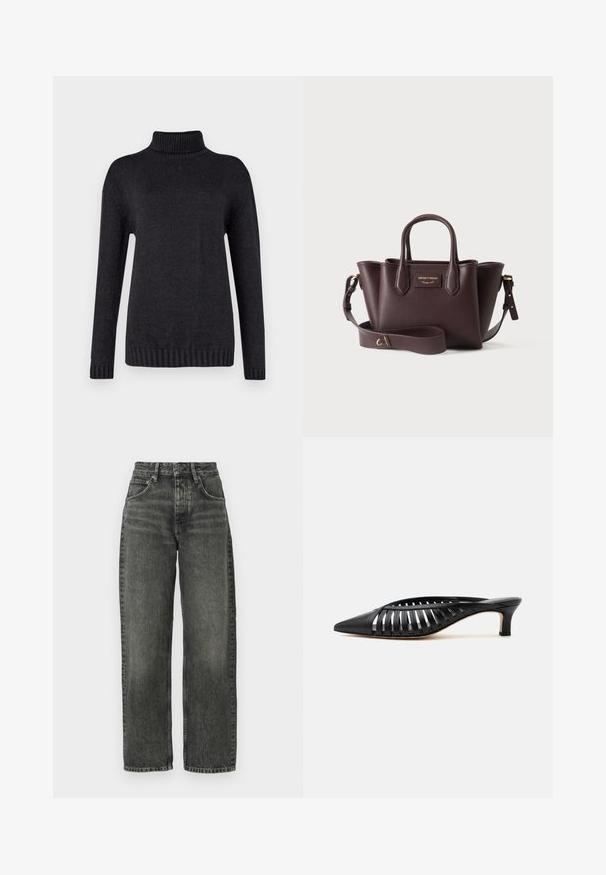 Suéter de cuello alto gris oscuro, hecho de un material de punto texturizado, que presenta mangas largas y puños y dobladillo acanalados.; Won Hundred ALEXANDRA - Vaqueros boyfriend - tinted black; Zapato mule de cuero negro con punta afilada, diseño de tiras con recortes y tacón bajo tipo kitten sobre fondo blanco.; Bolso de cuero marrón oscuro con doble asa, correa de hombro ajustable y placa de logotipo dorada en el centro frontal.