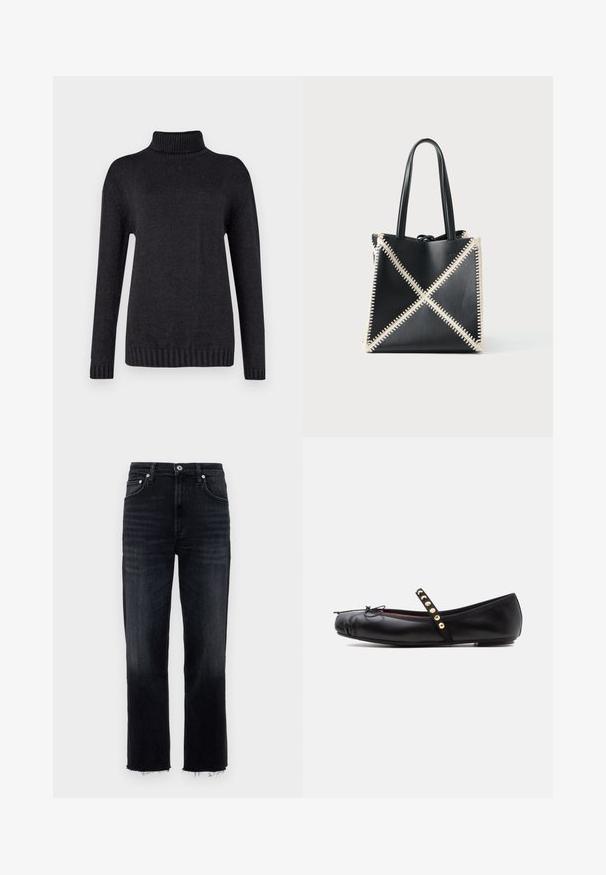 Donkergrijze coltrui gemaakt van een gestructureerde breimateriaal, met lange mouwen en geribbelde manchetten en zoom.; High-waisted, straight-leg jeans in dark wash denim, met een rafelige zoom en een klassieke vijf-pocket ontwerping met zilveren hardware.; Zwarte leren balletschoen met een bandje voorzien van zes gouden studs en een klein strikje op de afgeronde neus.; Zwarte leren draagtas met crèmekleurige stiksels in een X-patroon. Voorzien van twee zwarte handvatten en een ongestructureerde vorm.