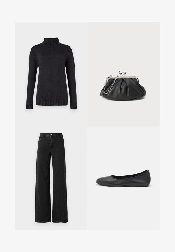 Donkergrijze coltrui gemaakt van een gestructureerde breimateriaal, met lange mouwen en geribbelde manchetten en zoom.; Zwarte denim jeans met wijde pijpen en een hoge taille, met klassieke vijf-pocket styling en een knoopsluiting. Gladde textuur en subtiele stikdetails.; Zwarte leren ballerina met een ronde neus, gladde textuur, minimale stikdetails en een flexibele zoolontwerp.; Zwarte leren clutch met geplooide textuur, zilverkleurig metalen frame, drukknopsluiting en kettingriem. Glad, zacht oppervlak.
