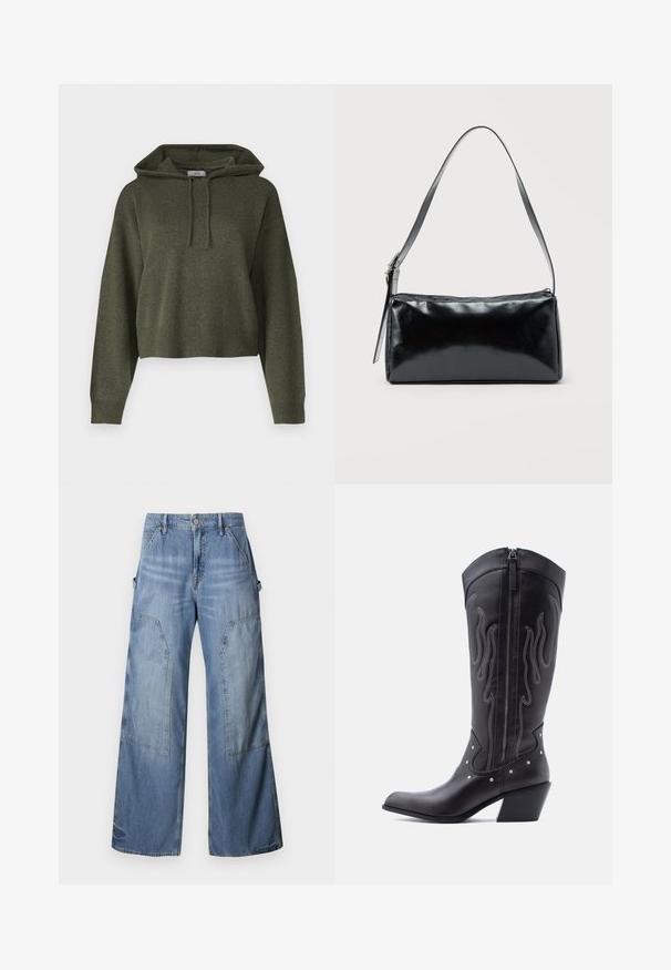 Olijfgroen cropped hoodie gemaakt van een gestructureerde stof, met een capuchon met trekkoord en ribbelboorden en -zoom. Eenvoudig, ontspannen ontwerp.; Good American GOOD EASE RELAXED - Relaxed fit jeans - indigo; Zwarte leren cowboylaarzen met een puntige neus, zichtbare stiksels, zilveren studaccenten en een ritssluiting aan de binnenkant.; Zwarte rechthoekige schoudertas met een enkele verstelbare band en een bovenste ritssluiting op een effen achtergrond.