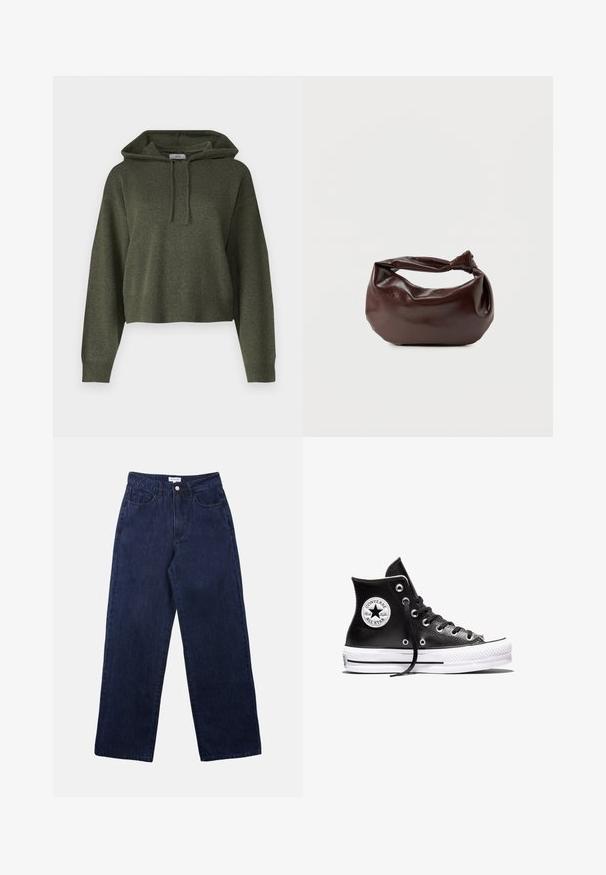 Haut à capuche court vert olive en tissu texturé, avec une capuche à cordon de serrage et des poignets et un ourlet côtelés. Design simple et décontracté.; Pantalons en denim bleu foncé avec une coupe droite, dotés d'une fermeture à bouton à l'avant, de passants de ceinture et de deux poches avant.; Baskets montantes Converse Chuck Taylor All Star noires avec semelle en caoutchouc blanc et patch logo sur la cheville, présentées sur un fond blanc.; Sac bandoulière en cuir marron foncé avec une forme souple et décontractée et une anse nouée torsadée sur un fond blanc uni.