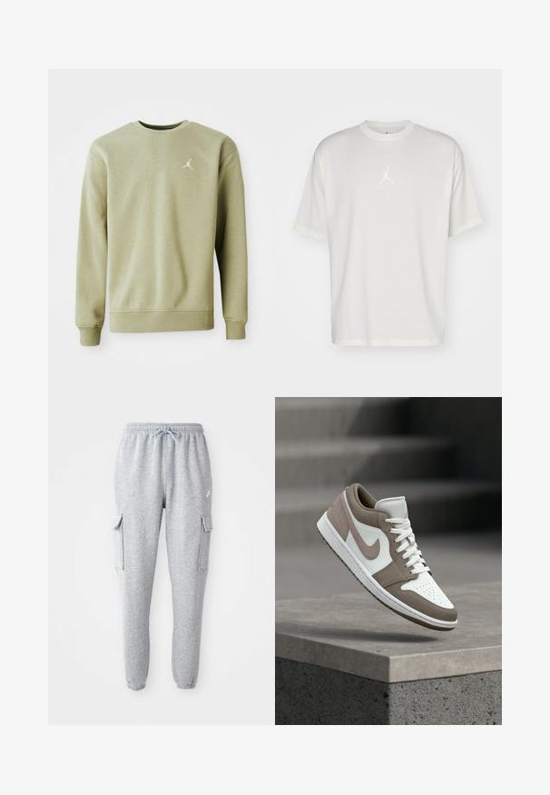 Lys oliven grøn sweatshirt med rund halsudskæring, lange ærmer og et lille hvidt Jumpman-logo på brystet, lavet af blødt stof.; Hvid bomulds t-shirt med rund halsudskæring, korte ærmer og et lille broderet logo i midten. Løst fit design med minimal syning.; Grå sweatpants lavet af blødt stof, med en elastisk talje med snor, to sidelommer og tapered manchetter.; Hvid og taupe lavtaske sneaker med snørebånd, mellemsål og Nike-logo hævet over en betonbalkon med trapper i baggrunden.