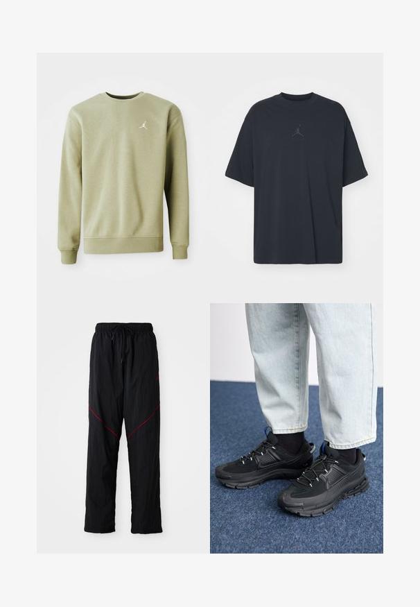 Lys oliven grøn sweatshirt med rund halsudskæring, lange ærmer og et lille hvidt Jumpman-logo på brystet, lavet af blødt stof.; Sort bomuld T-shirt med løs pasform, rund hals, korte ærmer, med et diskret logo og teksten "AIR" over logoet i centrum.; Sorte atletiske bukser med en struktureret overflade, der har taljebånd, røde accentlinjer og en løs pasform.; Sorte træningssko med tekstureret stof og gummisåler, udstyret med elastiske snørebånd og en blå detalje på hælen. Bæres med lyse denimbukser.