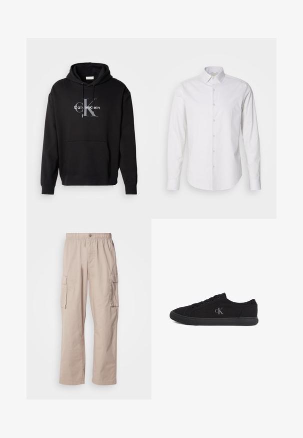Schwarzer Kapuzenpullover aus Baumwollmischung mit einer Fronttasche und einem bedruckten Calvin Klein Logo in Grau und Weiß auf der Brust.; Weißes Langarmhemd mit spitzem Kragen, durchgehender Knopfleiste, aus einem glatten Stoff gefertigt. Es hat eine dezente gestreifte Textur.; Beige Cargo-Hosen mit einem lockeren Schnitt, elastischem Bund, Knopfverschluss und Seitentaschen. Gefertigt aus leichtem Stoff mit einer glatten Textur.; Schwarzer Sneaker mit niedrigem Schaft, Schnürung vorne, Gummisohle und grauem "cK"-Logo an der Außenseite, von der Außenseite betrachtet.