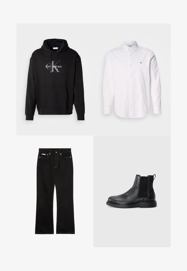 Sort hætte sweatshirt lavet af bomuldsblanding, med en forlommes og et trykt Calvin Klein-logo i grå og hvid på brystet.; Hvid skjorte med knappelukning lavet af bomuld, med klassisk krave, lange ærmer og et lille CK-logo på venstre bryst. Glat tekstur.; Sorte jeans med lige ben, orange syning, fem lommer, knaplukning og et lille Calvin Klein-mærke på den forreste højre lomme.; Sorte læder chelsea støvler med tekstureret finish, elastiske sidepaneler og en robust gummisål. Subtil branding på hælen.