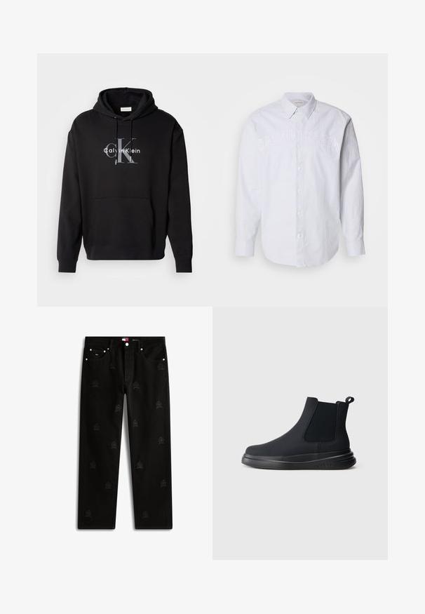 Must värvi kapuutsiga särk, mis on valmistatud puuvilla segust, ees on tasku ja rinnal halli ja valgega trükitud Calvin Kleini logo.; Valge pika varruga linane särk, millel on vertikaalsed sinised triibud, nupuga ees ja tõstetud "CALVIN KLEIN" logo rinna kohal.; Mustad denimist sirge lõikega teksad, millel on toonitooniline tikandiga logo ja metallist riistvara detailid vöökohal ja taskutel.; Mustad mustad Chelsea saapad elastsete külgpaneelidega, siledast mati viimistlusega ja paksu tallaga. Omab tõmmatavat silmust lihtsaks jalga panemiseks. Minimalistlik disain.