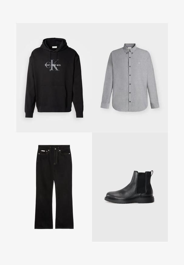 Čierna mikina s kapucňou vyrobená z bavlnenej zmesi, s prednou kapsou a potlačeným logom Calvin Klein v sivej a bielej farbe na hrudi.; Svetlosivá košeľa s dlhým rukávom na gombíky s golierom na gombíky a malým vyšívaným logom "cK" na ľavej strane hrudníka.; Čierne rovné rifle s oranžovým prešitím, piatimi vreckami, zapínaním na gombíky a malou značkou Calvin Klein na pravom prednom vrecku.; Čierne kožené chelsea čižmy s textúrovaným povrchom, elastickými bočnými panelmi a pevným gumovým podpätkom. Diskrétny branding na päte.
