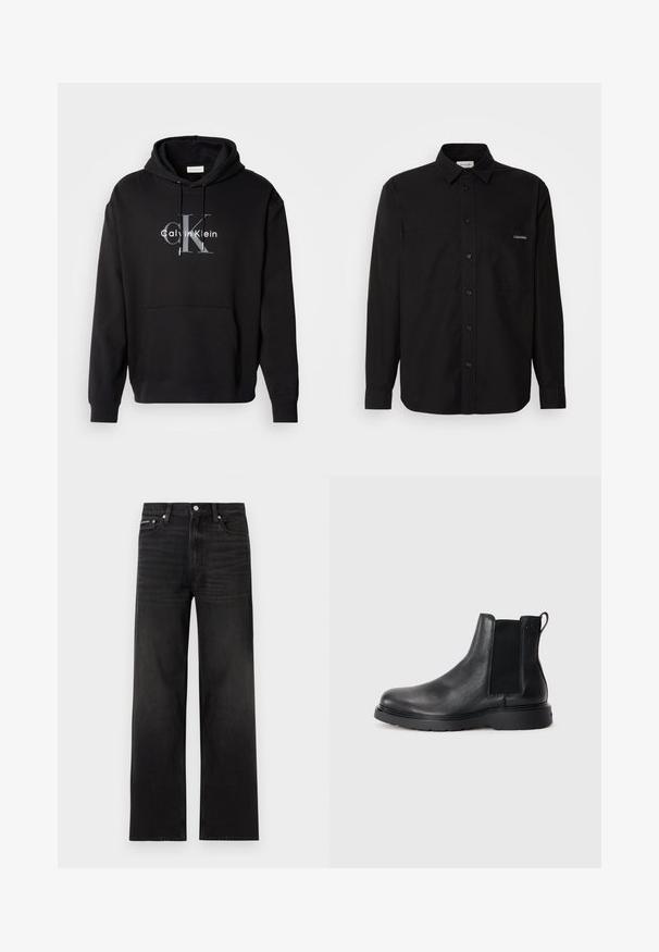Sudadera con capucha negra de mezcla de algodón, con un bolsillo frontal y un logo impreso de Calvin Klein en gris y blanco en el pecho.; Camisa negra de manga larga fabricada en algodón, con cierre de botones en el frente, dos bolsillos en el pecho y un pequeño logo en el bolsillo izquierdo.; Jeans negros de pierna recta con diseño de cinco bolsillos, presillas para cinturón y cierre de botón, mostrados sobre un fondo blanco.; Botas Chelsea de cuero negro con acabado texturizado, paneles laterales elásticos y una suela de goma resistente. Marca sutil en el talón.
