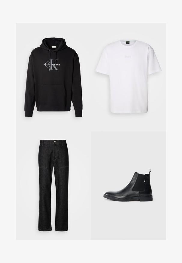 Schwarzer Kapuzenpullover aus Baumwollmischung mit einer Fronttasche und einem bedruckten Calvin Klein Logo in Grau und Weiß auf der Brust.; Weißes Baumwoll-T-Shirt mit kurzen Ärmeln, rundem Ausschnitt und geprägtem "BOSS"-Logo auf der Brust. Glatte Textur, normale Passform.; Schwarze Jeans mit geradem Bein, sichtbaren Nähten und einem Frontknopfverschluss. Enthält zwei Seitentaschen und zwei Gesäßtaschen.; Schwarze Leder Chelsea-Boots mit elastischen seitlichen Einsätzen, einer Zugschlaufe und einer flachen Gummisohle. Glatte Textur mit minimaler Ausgestaltung.