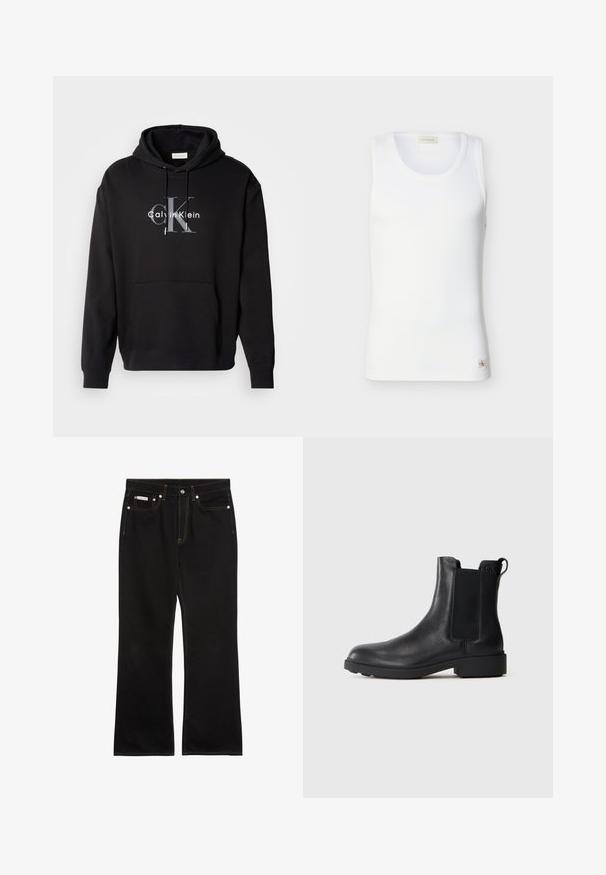 Sort hætte sweatshirt lavet af bomuldsblanding, med en forlommes og et trykt Calvin Klein-logo i grå og hvid på brystet.; Hvid ribbet ærmeløs tanktop med rund halsudskæring og lille Calvin Klein-logo mærke nær kanten på ensfarvet baggrund.; Sorte jeans med lige ben, orange syning, fem lommer, knaplukning og et lille Calvin Klein-mærke på den forreste højre lomme.; Sort læder ankelstøvle med elastiske sidepaneler, træksnor ved hælen og lav bloksål mod en ensfarvet baggrund.
