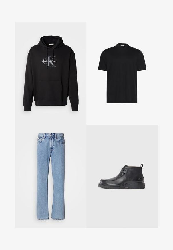 Sort hætte sweatshirt lavet af bomuldsblanding, med en forlommes og et trykt Calvin Klein-logo i grå og hvid på brystet.; Sort T-shirt med en kort, høj halsudskæring. Fremstillet af blødt stof, den har korte ærmer og en afslappet pasform uden bemærkelsesværdige mønstre eller accenter.; Lyseblå denimjeans med lige ben design, fem lommer og knaplukning. Syninger nær lommer og talje.; Sorte læder ankelstøvler med rund tå, snørelukning og en løkke bagpå. Tekstureret overdel og gummisål.