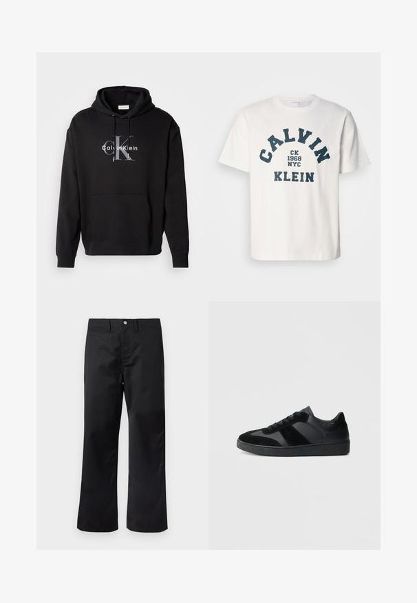 Schwarzer Kapuzenpullover aus Baumwollmischung mit einer Fronttasche und einem bedruckten Calvin Klein Logo in Grau und Weiß auf der Brust.; Weißes Baumwoll-T-Shirt mit navyblauem Text, der "CALVIN KLEIN CK 1968 NYC" in einer fetten, gewölbten Schriftart zeigt. Klassischer Rundhalsausschnitt.; Schwarze Hose mit geradem Bein und glattem Stoff. Verfügt über Seitentaschen und einen Knopfverschluss am Bund.; Schwarze Sneaker aus einer Mischung von glattem Leder und Wildleder, mit einer strukturierten schwarzen Gummisohle und dezenten Streifendetails.