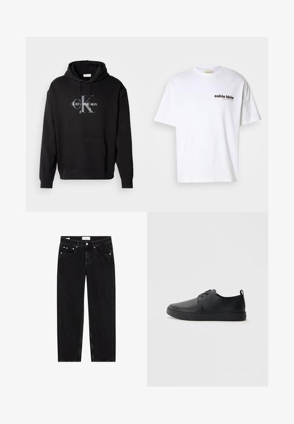 Sort hætte sweatshirt lavet af bomuldsblanding, med en forlommes og et trykt Calvin Klein-logo i grå og hvid på brystet.; Hvid bomulds t-shirt med korte ærmer, med sort "Calvin Klein" tekstlogo og et firkantet mærke nær halsudskæringen. Simpelt design.; Sorte denim jeans med lige pasform, let slidte teksturer, fem lommer og sølvfarvede detaljer. Mærke på taljebåndet.; Sorte lædersneakers med en glat finish, rund tå, tonalt syning, snøring foran og en flad gummisål. Løkke ved hælen.