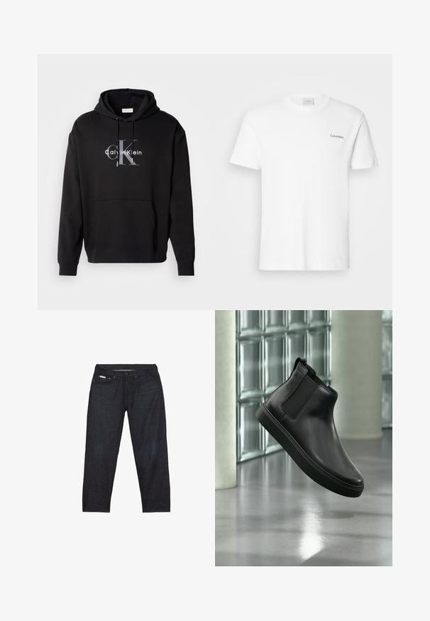 Sort hætte sweatshirt lavet af bomuldsblanding, med en forlommes og et trykt Calvin Klein-logo i grå og hvid på brystet.; Hvid bomulds T-shirt med korte ærmer og rund halsudskæring. Har et lille sort "Calvin Klein" logo på venstre bryst.; Mørkeblå denimjeans med et lige ben, der har fem lommer og minimal syning for et rent udseende.; Sort læder ankelstøvle med elastiske sidepaneler, der svæver over en poleret beton gulv og glasblokke i baggrunden.