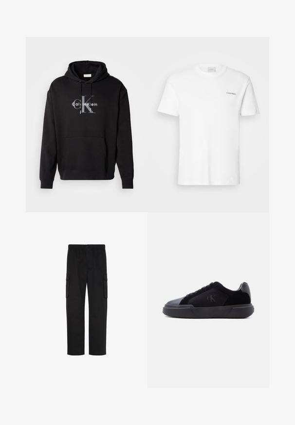 Čierna mikina s kapucňou vyrobená z bavlnenej zmesi, s prednou kapsou a potlačeným logom Calvin Klein v sivej a bielej farbe na hrudi.; Biela bavlnená tričko s krátkymi rukávmi a okrúhlym výstrihom. Na ľavej strane hrude sa nachádza malé čierne logo "Calvin Klein".; Čierne cargo nohavice s rovnými nohavicami, elastickým pásom, zapínaním na gombíky a dvoma klopovými vreckami po stranách.; Čierna nízka teniska s hrubou podrážkou, šnurovaním vpredu a jemným logom "cK" na bočnej paneli.