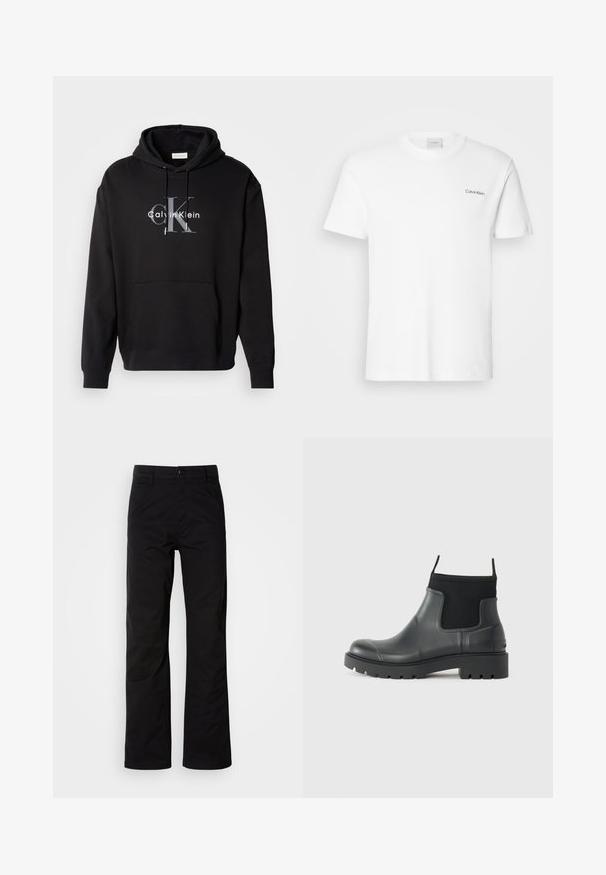 Schwarzer Kapuzenpullover aus Baumwollmischung mit einer Fronttasche und einem bedruckten Calvin Klein Logo in Grau und Weiß auf der Brust.; Weißes Baumwoll-T-Shirt mit kurzen Ärmeln und Rundhalsausschnitt. Mit einem kleinen schwarzen "Calvin Klein"-Logo auf der linken Brust.; Schwarze Baumwollhosen mit geradem Bein, ausgestattet mit einem Knopfverschluss und Gürtelschlaufen. Glatte Textur und minimalistischer Stil ohne sichtbare Muster.; Schwarze Knöchelstiefel aus Gummi mit matter Oberfläche, die ein schlankes Design, elastische Einsätze und eine robuste Sohle für bessere Bodenhaftung bieten.