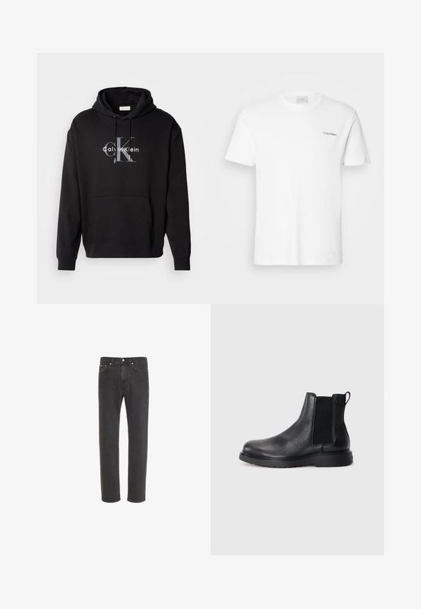 Sudadera con capucha negra de mezcla de algodón, con un bolsillo frontal y un logo impreso de Calvin Klein en gris y blanco en el pecho.; Camiseta de algodón blanca con mangas cortas y un escote en forma de cuello redondo. Presenta un pequeño logotipo negro de "Calvin Klein" en el lado izquierdo del pecho.; Vaqueros negros de corte recto con cierre delantero de botón y cremallera, bolsillos delanteros y traseros, mostrados sobre fondo blanco.; Botas Chelsea de cuero negro con acabado texturizado, paneles laterales elásticos y una suela de goma resistente. Marca sutil en el talón.