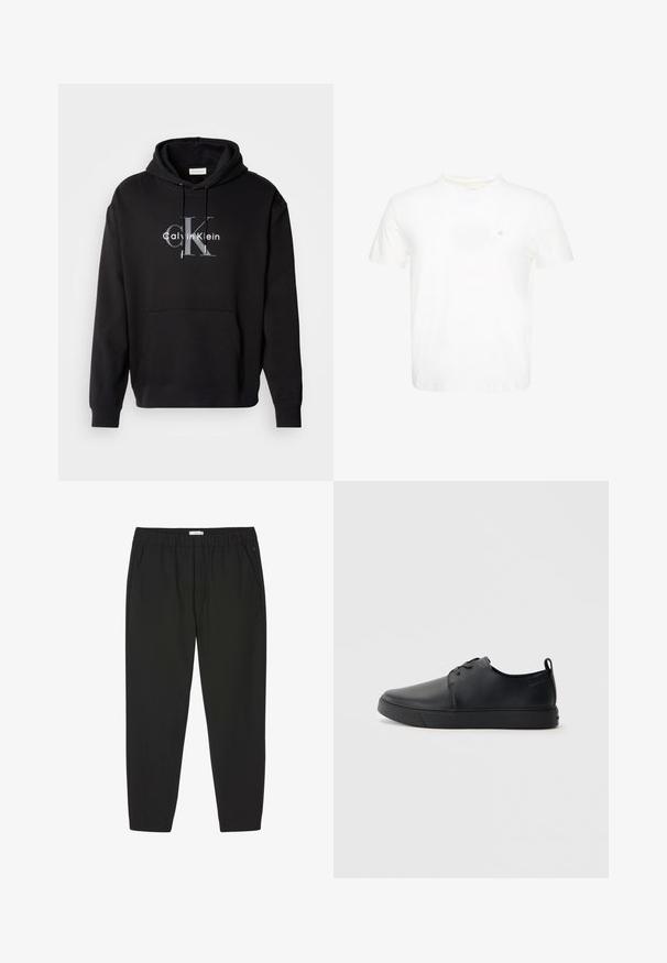 Sort hætte sweatshirt lavet af bomuldsblanding, med en forlommes og et trykt Calvin Klein-logo i grå og hvid på brystet.; Hvid T-shirt med korte ærmer og rund hals med lille broderet "ck" logo på venstre bryst.; Sorte bukser med elastisk talje, lige ben og sidelommer, designet til afslappet eller professionel brug.; Sorte lædersneakers med en glat finish, rund tå, tonalt syning, snøring foran og en flad gummisål. Løkke ved hælen.