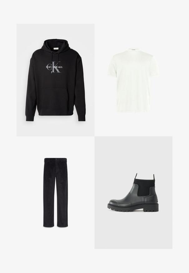 Sort hætte sweatshirt lavet af bomuldsblanding, med en forlommes og et trykt Calvin Klein-logo i grå og hvid på brystet.; Hvid crewneck T-shirt lavet af blødt stof. Korte ærmer, uden mønstre. Simpelt design med lige kant og minimal detaljer.; Sorte, lige bukser i ribstof med knap- og lynlåslukning, bæltestropper og sidelommer.; Sorte ankelstøvler lavet af gummi med en mat finish, der har et strømlinet design, elastiske paneler og en kraftig sål for godt greb.