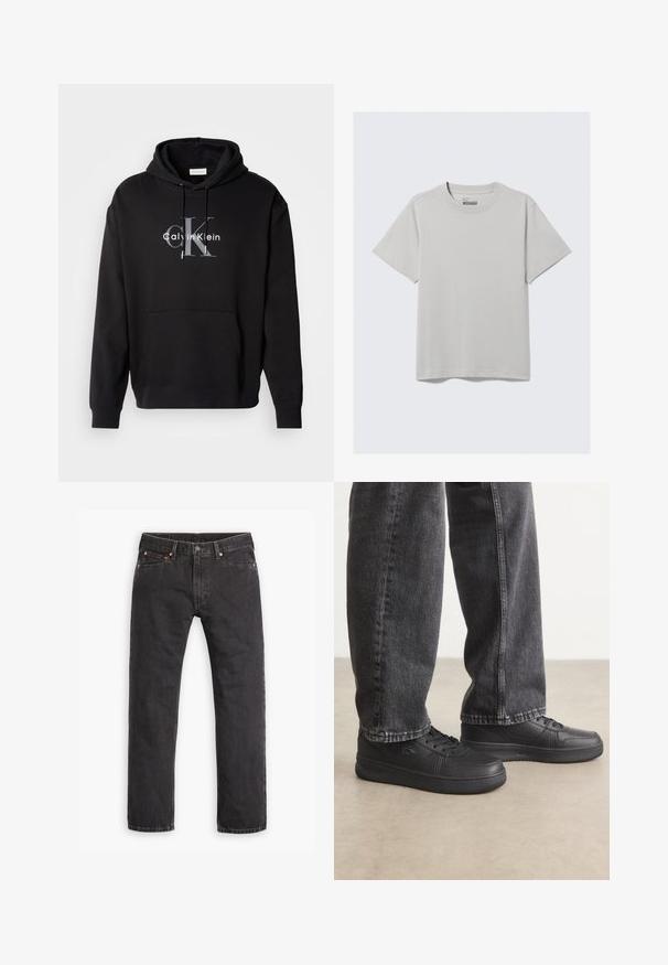 Musta huppari, joka on tehty puuvillasekoitteesta, sisältää etutaskun ja siinä on rintapaneelissa painettu Calvin Klein -logo harmaana ja valkoisena.; Vaaleanharmaa puuvillainen T-paita, jossa on pyöreä kaula-aukko ja lyhyet hihat. Ominaisuuksiin kuuluu minimalistinen muotoilu ja rento istuvuus. Ei kuvioita eikä koristeita.; Mustat suorat farkut viidellä taskulla, napilla suljettavia ja kupaririveillä, asetettuna tasaisesti valkoista taustaa vasten.; Musta nahkasneakersit, joissa on tasaiset nauhat, sileä pinta, huomaamattomat rei'itykset ja logotyyppi, yhdistettyinä tummiin farkkuihin.