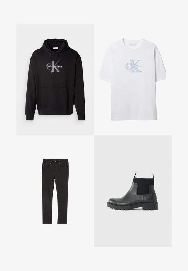 Must värvi kapuutsiga särk, mis on valmistatud puuvilla segust, ees on tasku ja rinnal halli ja valgega trükitud Calvin Kleini logo.; Valge lühikeste varrukatega T-särk, mille rinnal on keskel helesinise tikandiga Calvin Kleini "CK" logo.; Mustad teksapüksid, kitsas lõige, neli taskut, metallist nööp ja kerge kulumise efekt. Sile tekstuur ja klassikaline disain.; Mustad mustadest kummist ankle'ide saapad, millel on matt viimistlus, sujuv disain, elastsed paneelid ja paks tald, mis tagab haarduvuse.