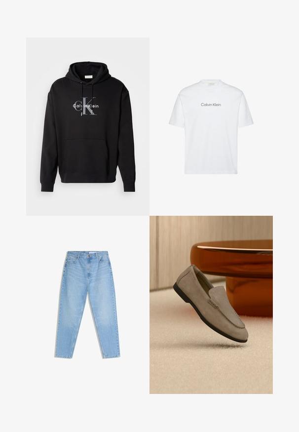 Musta huppari, joka on tehty puuvillasekoitteesta, sisältää etutaskun ja siinä on rintapaneelissa painettu Calvin Klein -logo harmaana ja valkoisena.; Valkoinen puuvillainen T-paita, jossa on lyhyet hihat. Paidassa on pyöreä pääntie ja harmaalla painettu "Calvin Klein" -logo rinnan kohdalla.; Vaaleansiniset korkeavyötäröiset farkut, joissa on etutaskut, vyölenkit ja napillinen kiinnitys, aseteltu tasaiseksi valkoiselle taustalle.; Vaaleanruskeat mokkasiinit mustalla pohjalla, jotka lepäävät beigeä mattoa vasten heijastavan ruskean pyöreän pöydän edessä puuseinää vasten.