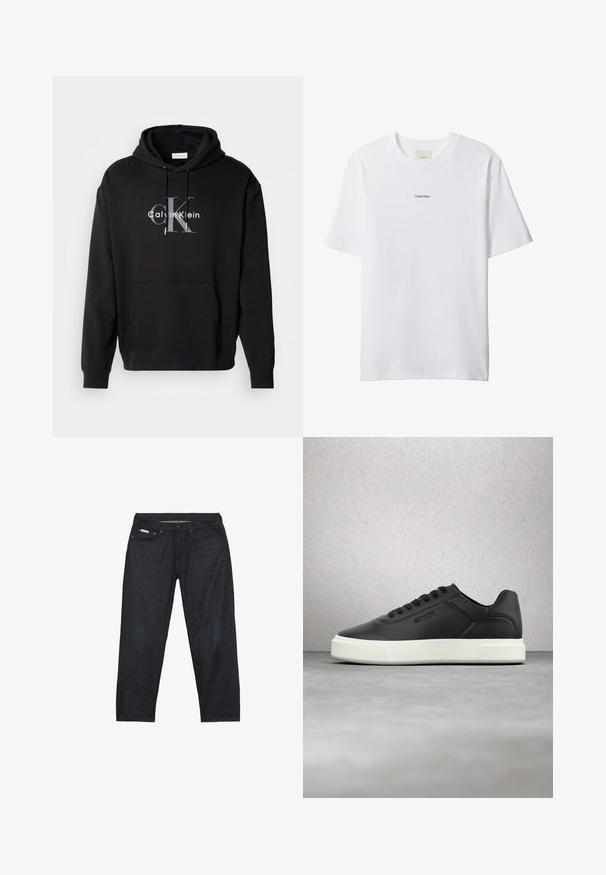 Sort hætte sweatshirt lavet af bomuldsblanding, med en forlommes og et trykt Calvin Klein-logo i grå og hvid på brystet.; Hvid bomuld t-shirt med rund hals og korte ærmer. Har en lille sort "Calvin Klein"-logo centreret på brystet.; Mørkeblå denimjeans med et lige ben, der har fem lommer og minimal syning for et rent udseende.; Sorte lædersneakers med hvid gummisål, rundet tå og flade snørebånd. Teksturdetaljer på siderne, minimalistisk design.