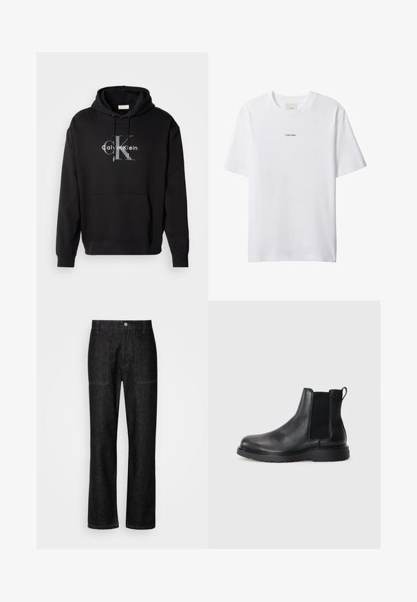 Sudadera con capucha negra de mezcla de algodón, con un bolsillo frontal y un logo impreso de Calvin Klein en gris y blanco en el pecho.; Camiseta blanca de algodón con cuello redondo y mangas cortas. Cuenta con un pequeño logo negro de "Calvin Klein" centrado en el pecho.; Pantalones de mezclilla negros con corte recto, costuras visibles y cierre frontal con botón. Incluye dos bolsillos laterales y dos bolsillos traseros.; Botas Chelsea de cuero negro con acabado texturizado, paneles laterales elásticos y una suela de goma resistente. Marca sutil en el talón.