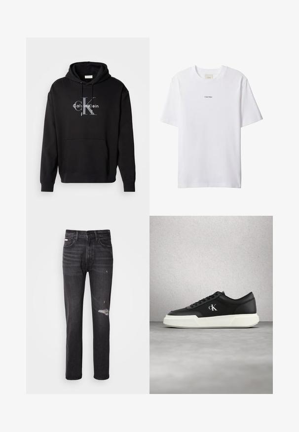 Čierna mikina s kapucňou vyrobená z bavlnenej zmesi, s prednou kapsou a potlačeným logom Calvin Klein v sivej a bielej farbe na hrudi.; Biele bavlnené tričko s okrúhlym výstrihom a krátkymi rukávmi. Na hrudi uprostred je malý čierny nápis "Calvin Klein".; Čierne džínsy z denimu s rovnými nohavicami, so zničením v oblasti kolena, štýlom s piatimi vreckami a mierne vyblednutým povrchom.; Čierna kožená teniska s bielou podrážkou a logom "cK", zobrazená vo vzduchu na pozadí sklenenej blokovej steny a betónovej podlahy.