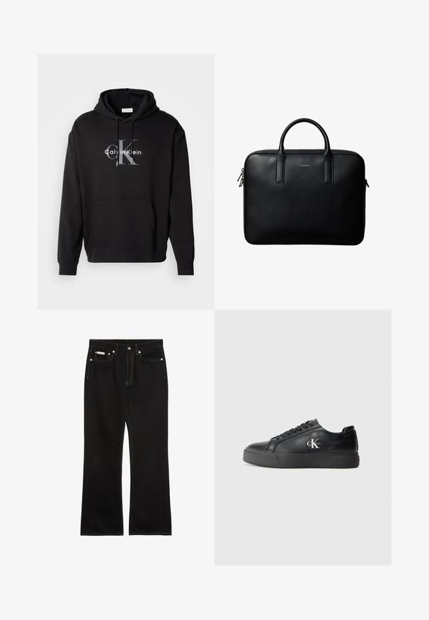 Sort hætte sweatshirt lavet af bomuldsblanding, med en forlommes og et trykt Calvin Klein-logo i grå og hvid på brystet.; Sorte jeans med lige ben, orange syning, fem lommer, knaplukning og et lille Calvin Klein-mærke på den forreste højre lomme.; Sort læder sneaker med rund tå, flad sort sål og tonalt snørebånd. Har et sølvlogo på siden og en glat tekstur hele vejen igennem.; Sort tekstureret lædermappe med dobbelte håndtag og sølv lynlås, centreret på hvid baggrund.