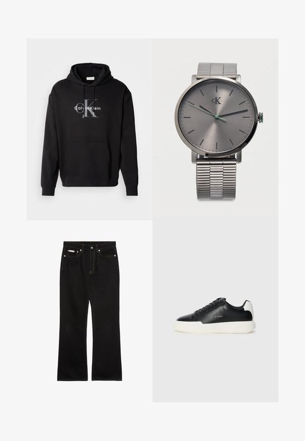 Musta huppari, joka on tehty puuvillasekoitteesta, sisältää etutaskun ja siinä on rintapaneelissa painettu Calvin Klein -logo harmaana ja valkoisena.; Musta suoralahkeiset farkut oranssilla ompeleella, viisi taskua, nappikiinnitys ja pieni Calvin Klein -merkki etuvasemman taskun päällä.; Mustat nahkasneakerit valkoisella kumipohjalla. Ominaisuuksia ovat pyöreä kärki, nauhakiinnitys ja logotyyli sivulla. Takasaumassa valkoinen yksityiskohta.; Hopeinen Calvin Kleinin rannekello, jossa on minimalistinen kellotaulu, mustat tuntimerkinnät ja metallinen venyvä ranneke, kello näyttää aikaa 2:50:49.