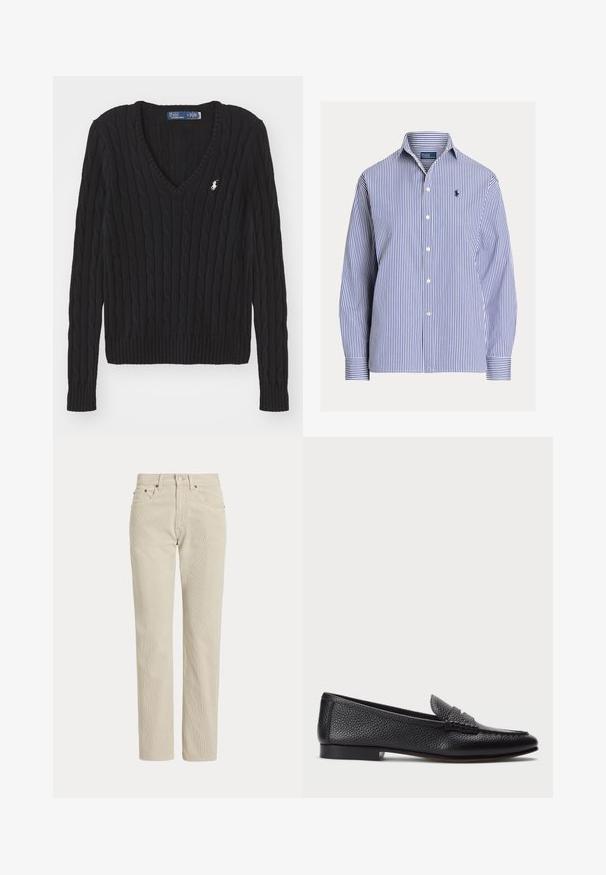 Pull noir en maille torsadée à col en V avec manches longues et petit logo blanc Polo by Ralph Lauren sur la poitrine gauche.; Chemise à manches longues à rayures verticales bleues et blanches, avec col et petit logo brodé sur la poitrine gauche.; Pantalon en velours côtelé beige droit avec passants de ceinture, bouton à l'avant, fermeture éclair et poches avant.; Mocassin en cuir noir avec une finition texturée, doté d'une sangle décorative et d'un talon plat. Design épuré et minimal avec un bout arrondi.