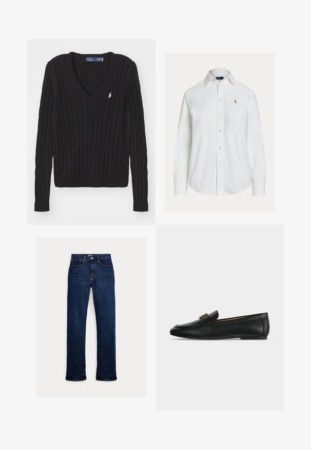 Sort kabelstrik v-hals sweater med ribbede manchetter og kant. Har et lille broderet logo på brystet. Lavet af struktureret garn.; Hvid langærmet skjorte med knapper og krave samt lille broderet logo på venstre bryst, vist på ensfarvet baggrund.; Mørkeblå straight-leg jeans med frontknap og lynlås, fem-lomme design og synlige syninger.; Sort læderloafer med guldfarvet metalspænde på toppen, flad sål og syning langs overkanten.