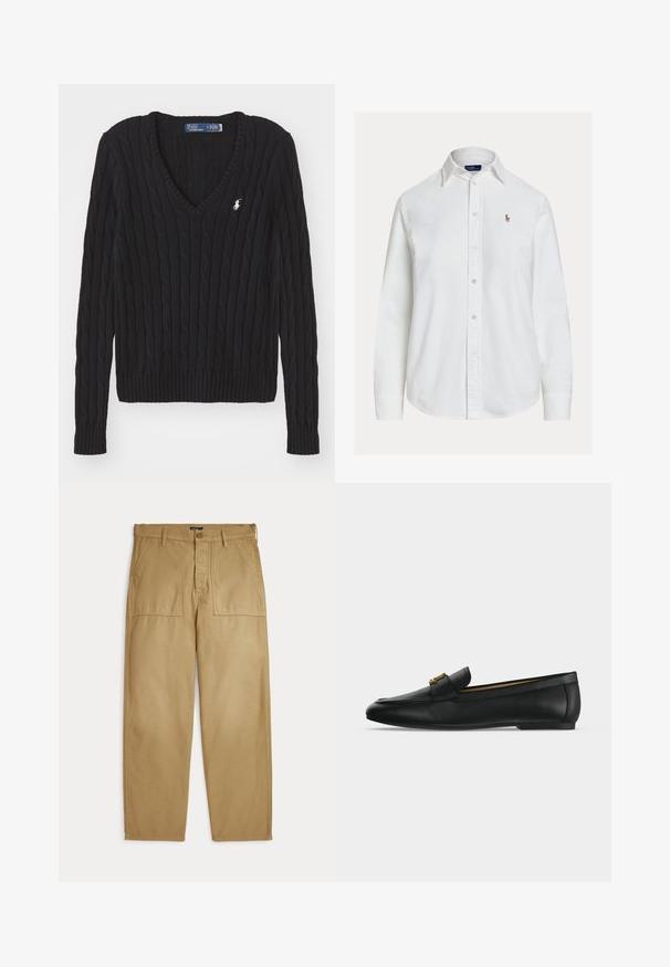 Jersey de cuello en V de punto con cable negro, mangas largas y pequeño logo blanco de Polo de Ralph Lauren en el pecho izquierdo.; Camisa blanca de manga larga con botones, cuello y pequeño logo bordado en el pecho izquierdo, mostrada sobre un fondo liso.; Pantalones beige de pierna recta con bolsillos parche delanteros, trabillas para cinturón y cierre con botón y cremallera.; Zapato mocasín de cuero negro con detalle de hebilla metálica dorada en la parte superior, suela plana y diseño con costuras a lo largo del borde superior.