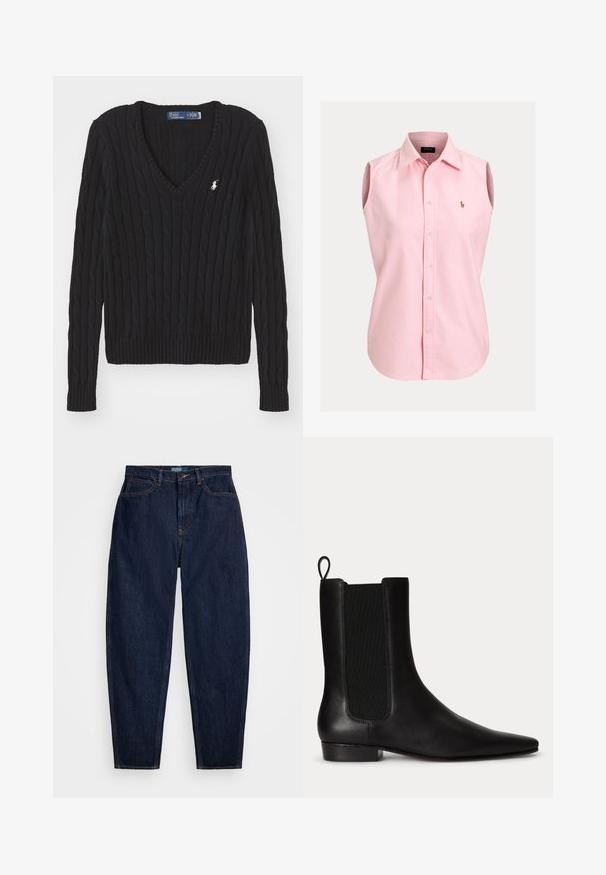 Jersey de cuello en V de punto con cable negro, mangas largas y pequeño logo blanco de Polo de Ralph Lauren en el pecho izquierdo.; Camisa sin mangas de color rosa claro con botones, hecha de algodón, que cuenta con un cuello puntiagudo y un pequeño logo bordado en el pecho izquierdo.; Vaqueros de denim azul oscuro con un corte recto, que presentan costuras naranjas, un cierre frontal con botón y cinco bolsillos.; Botín de cuero negro con panel lateral elástico, tira de sujeción en la parte trasera, tacón bajo y puntera puntiaguda.