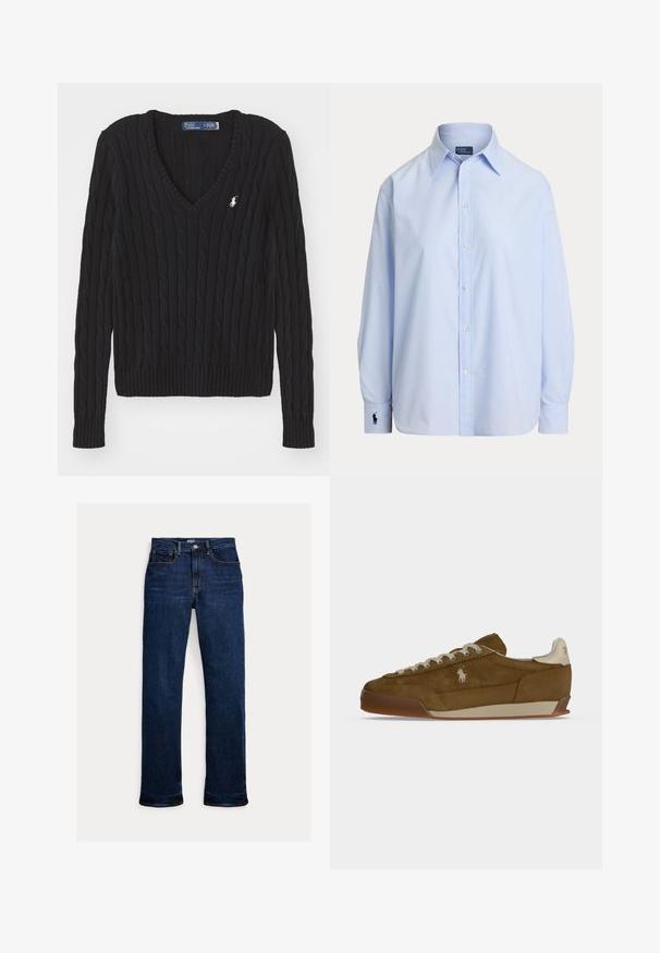 Sort kabelstrikket V-hals trøje med lange ærmer og lille hvid Polo by Ralph Lauren-logo på venstre bryst.; Lyseblå langærmet skjorte med knapper og spids krave samt broderet logo på venstre manchet, vist på hvid baggrund.; Mørkeblå straight-leg jeans med frontknap og lynlås, fem-lomme design og synlige syninger.; Brun ruskind sneaker med cremefarvede snørebånd, tyk sål og et lille hvidt broderet logo på siden.