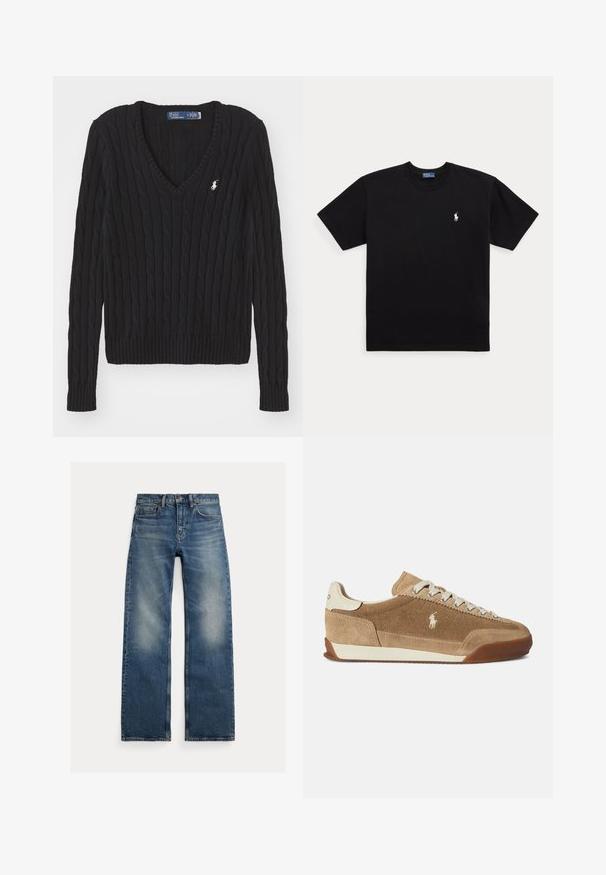 Zwarte kabelgebreide V-hals trui met lange mouwen en klein wit Polo by Ralph Lauren-logo op de linkerborst.; Zwart T-shirt met korte mouwen en ronde hals met klein wit geborduurd Polo Ralph Lauren-logo op de linkerborst.; Blauwe straight-leg jeans met vervaagde plekken op de dijen, vijfzakkenontwerp en knoopsluiting, plat liggend op een witte achtergrond.; Lichtbruine suède sneakers met een laag profiel, crèmekleurige accenten, vetersluiting en een rubberen buitenzool. Voorzien van een klein logo aan de zijkant.