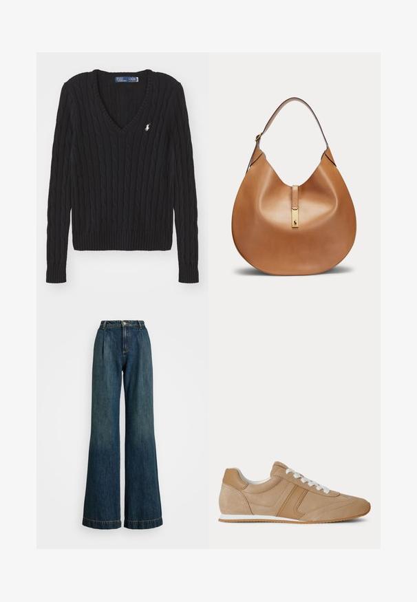 Jersey de cuello en V de punto con cable negro, mangas largas y pequeño logo blanco de Polo de Ralph Lauren en el pecho izquierdo.; Jeans de mezclilla de pierna ancha en azul oscuro, con cintura alta, frente plisado y dobladillo cosido. Cierre con botón metálico y cremallera.; Zapatilla baja de ante y cuero marrón claro con cordones blancos y suela de goma blanca vista de lado sobre fondo blanco.; Bolso hobo marrón de cuero con una sola correa y cierre metálico dorado con un pequeño logo de caballo.