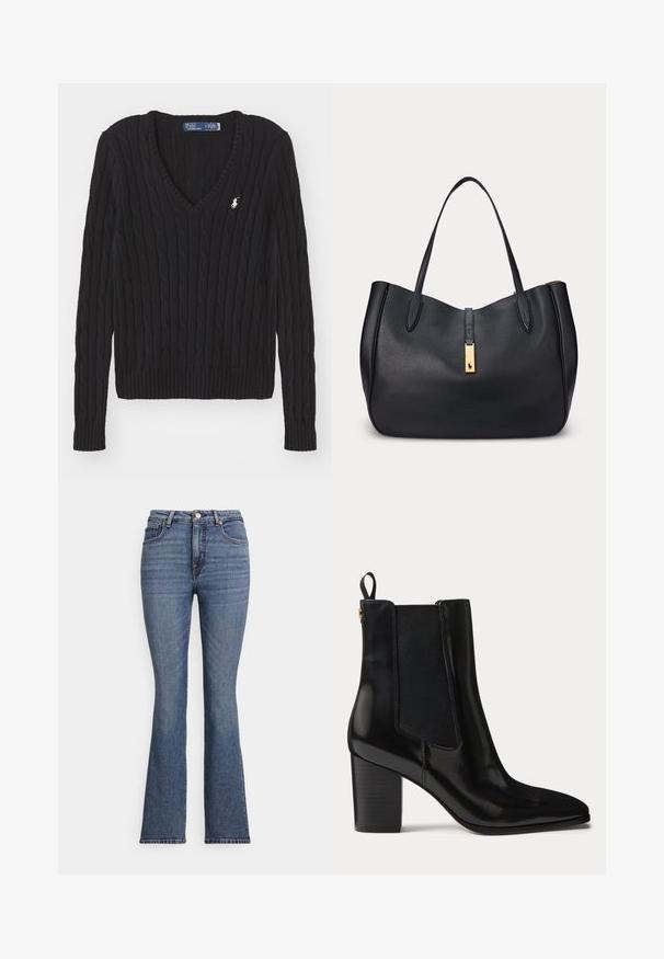 Pull noir en maille torsadée à col en V avec manches longues et petit logo blanc Polo by Ralph Lauren sur la poitrine gauche.; Jean en denim bleu évasé avec une taille haute, doté de cinq poches, de surpiqûres contrastantes et d'une texture lisse.; Bottine en cuir noir avec talon bloc, panneaux latéraux élastiques, languette au talon et bout pointu.; Sac cabas en cuir noir avec deux poignées et une fermeture rectangulaire dorée ornée d'un petit logo cheval.