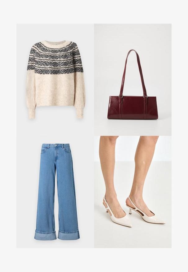 Cremefarvet og sort strikket sweater med mønstret yoke, ribbede manchetter og kant, præsenteret mod en ensfarvet baggrund.; Lyseblå denim bukser med vide ben har høj talje, optrillede nederkanter, fem lommer og en knaplukning med lynlås.; Beige patenterede læder slingback hæle med spids tå og 5 cm hæl, med udskårne sider og en tynd ankelrem.; Bordeaux håndtaske lavet af glansfuldt materiale, rektangulær form, med to skulderremme og subtile buede detaljer på forsiden.