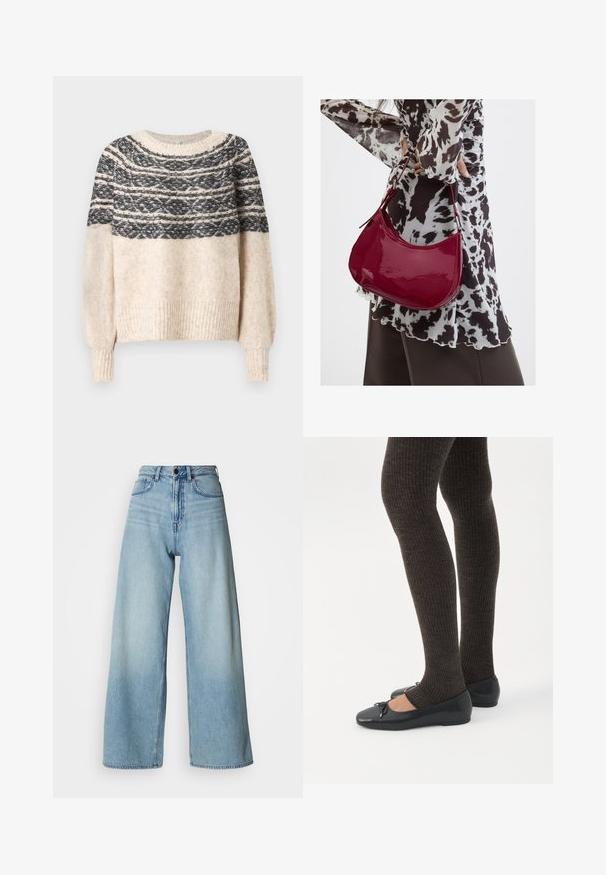 Cremefarvet og sort strikket sweater med mønstret yoke, ribbede manchetter og kant, præsenteret mod en ensfarvet baggrund.; Lyseblå, højtaljede, vidtbenede jeans lavet af denim, med fem-lommers design og subtile falmede detaljer for tekstur.; Ben iført mørke ribbede leggings kombineret med sorte balletsko med små sløjfedetaljer på hvid baggrund.; Kvinde iført en sort- og hvidmønstret bluse, der holder en blank rød skuldertaske mod en ensfarvet baggrund.