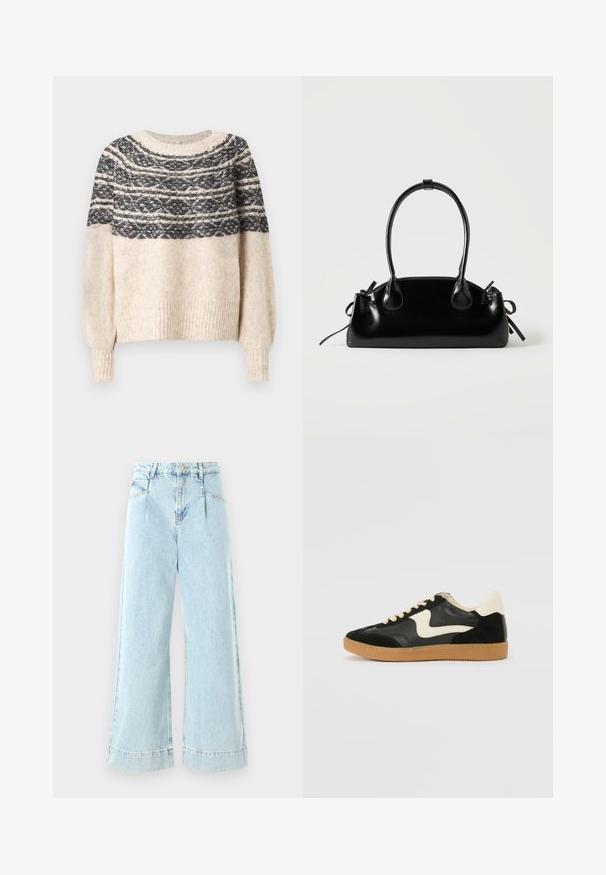 Cremefarvet og sort strikket sweater med mønstret yoke, ribbede manchetter og kant, præsenteret mod en ensfarvet baggrund.; Lyseblå vidbenede jeans lavet af denim, med høj talje, forlommer og syede detaljer ved kanten.; Sorte ruskinds- og lædersneakers med en cremefarvet side-swoosh og lys cremefarvet hæl. Har beige snørebånd og en gummirubber-sål.; Lille sort blank håndtaske med to lange håndtag og snøre-detaljer i siden på en ensfarvet lys baggrund.