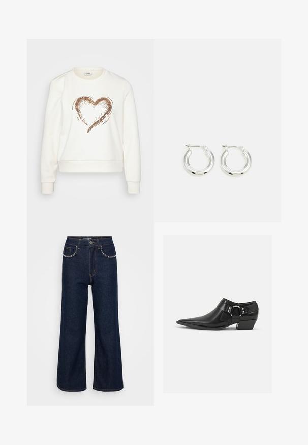 Witte trui met een metallic rosegouden pailletten hartontwerp aan de voorkant, met ribgebreide boorden en tailleband, en een klassieke ronde hals.; Donkerblauwe wijde jeans van denim, met een hoge taille, twee achterzakken met decoratieve stiksels en een enkele knoopsluiting.; Zwarte leren enkellaarzen met een spitse neus, voorzien van een leren band aan de voorkant en een zilveren gesp detail, en een lage, blokhak.; Zilveren oorbellen in de vorm van een ring met een gepolijste afwerking, met een cirkelvorm en een scharnierende postsluiting. Glad oppervlak met minimale details.
